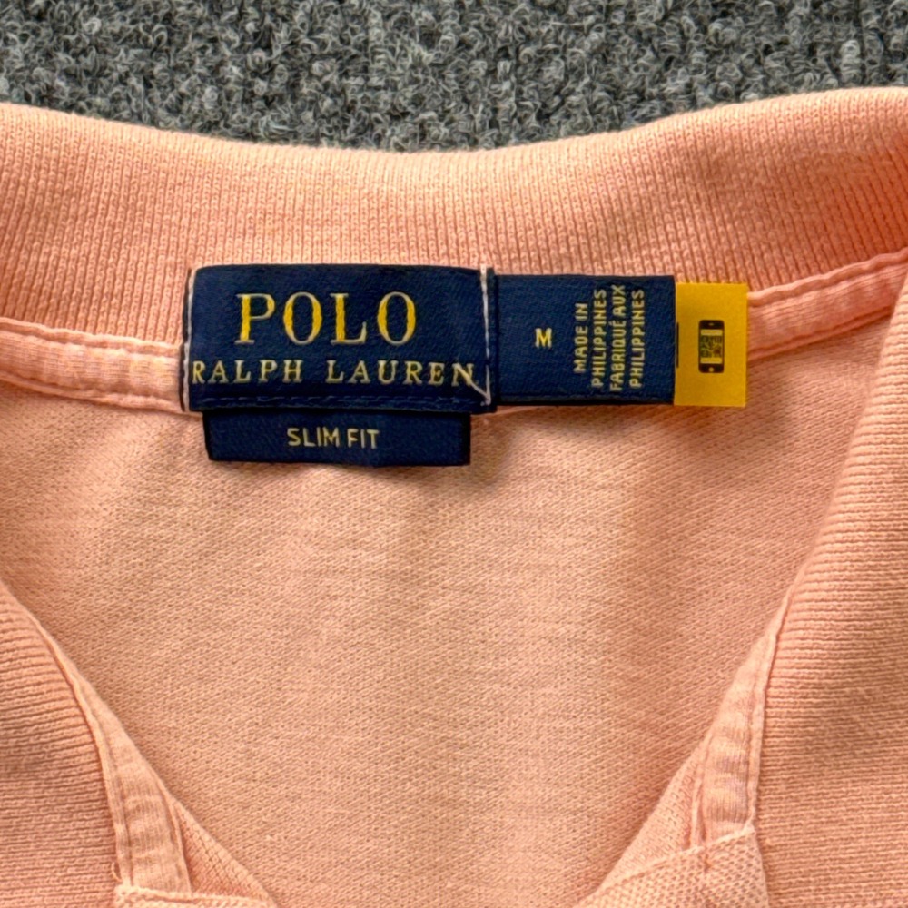 Polo Ralph Lauren Polo Shirt Womens M Peach Slim Fit Cotton Stretch Blue Pony - Picture 5 of 9